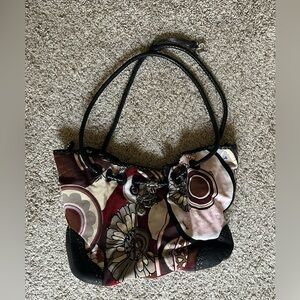 Brighton Canvas Bohemian Burgundy Floral Leather Cinch Hobo Bucket Satchel Bag